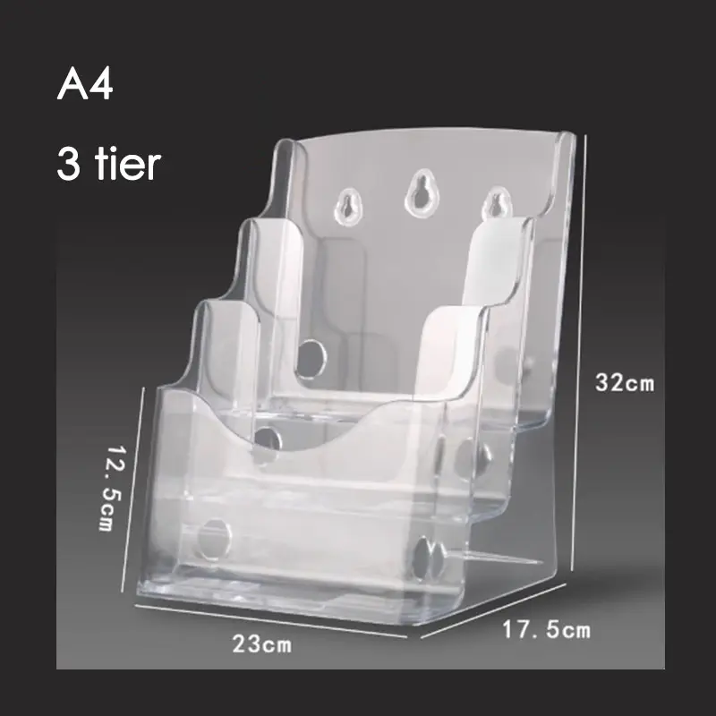 A4  Transparent Acrylic Tabletop Magazine Holder Wall Mounted and Countertop 3 Tiers Stands Brochure Holder
